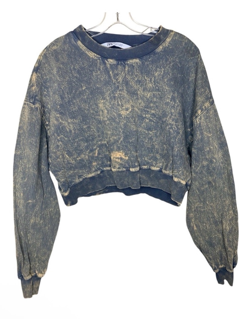 Zara Blue Acid Wash Cropped crew sweatshirt Size Large